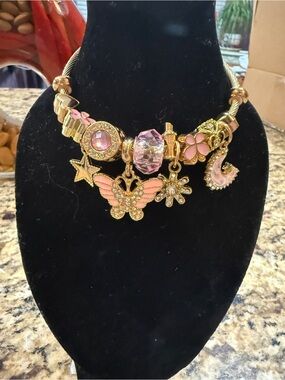 Gold Tone Pink Charm Bracelet Necklace - Butterfly & Floral Charms